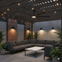 Martec Osprey DC 80″ Smart Ceiling Fan With WIFI Remote Control + LED Light Outdoor patio area with a sectional sofa, coffee table, and string lights.
