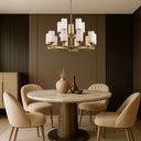 Modern 15-light pendant chandelier featuring solid brass construction, opal matt glass shades, and elegant ceiling lighting for luxury interiors.