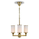 Ahern 3 light solid brass pendant with mouth-blown opal glass shades, creating elegant lighting above a modern dining table.