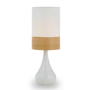 Elegant ceramic table lamp with a chrome-accented fabric shade, adding sophisticated decorative lighting to a home office workspace.