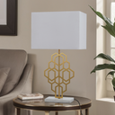 White Akron Large Table Lamp styled on a hallway console, combining a marble base with decorative gold metalwork for timeless elegance.