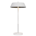Minimalist metal table lamp illuminating a home workspace with energy-efficient 3000K warm white LED light and clean architectural styling.