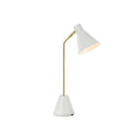 Angled view highlighting the adjustable cone-shaped lamp head directing focused light onto an open book for comfortable night-time reading.