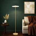 Luxury floor lamp styled in a boutique hotel suite, combining decorative glass, integrated LED technology, and contemporary designer aesthetics.