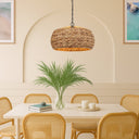 Designer Antera woven ceiling pendant showcasing handcrafted water hyacinth, black metal frame, and luxury lighting for Scandinavian interiors.