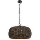 Antera 60cm woven pendant light crafted from natural water hyacinth with black finish, creating coastal lighting for a modern dining room.