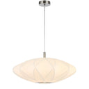 Aragon 52cm pendant light with elegant layered fabric shade, creating soft ambient lighting for a modern dining room.
