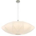 Aragon 75cm pendant light with elegant layered fabric shade, creating soft ambient lighting for a modern dining room.