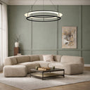 Contemporary ring pendant light featuring integrated LED technology, TRIAC dimming, and elegant black sand-textured finish.