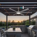 Modern Outdoor Kitchen a  patio with a large Martec ceiling fan with led light, table, chairs, and grill at sunset from lights and fans online
