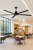 Huge Fan Martec Albatross 72″ & 84″ DC Ceiling Fan With Remote from lights and fans online in a modern interior with a ceiling fan, tables, chairs, and a kitchen area.