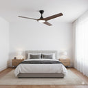 Alpine DC 52″ Smart Ceiling Fan With WIFI Remote Control + LED Light in a Modern bedroom with a ceiling fan, bed, and nightstands.