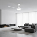 Alpine DC 52″ Smart Ceiling Fan With WIFI Remote Control + LED Light from Martec in a Modern living room with a ceiling fan, gray sofa, and fireplace. Lights and fans online 