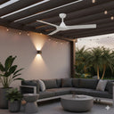 Alpine DC 52″ Smart Ceiling Fan With WIFI Remote Control in an Outdoor patio with modern furniture, ceiling fan, and string lights. Lights and Fans Online 
