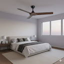 Alpine DC 52″ Smart Ceiling Fan With WIFI Remote Control a Ceiling fan in a modern bedroom with a bed and windows from Lights and Fans Online 