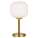 Bobo 1 Light Table Lamp with decorative ribbed glass shade in antique gold or black finish for modern bedrooms and living rooms. Gold
