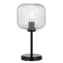 Bobo 1 Light Table Lamp with decorative ribbed glass shade in antique gold or black finish for modern bedrooms and living rooms