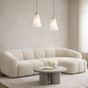 Small opal glass pendant light with adjustable chain suspension, decorative ceiling light for breakfast bars and islands.