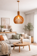 Boaz Scandinavian timber pendant light natural wood E27 hanging ceiling light modern interior Australia in a Modern living room with a BOAZ pendant light, gray sofa, and decorative elements.Lights and Fans Online 