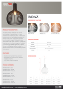 Product Description for MDA Lighting Boaz pendant light with product details and color options.Lights and Fans Online 