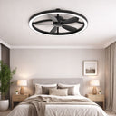 Catalina DC 21″ Smart Ceiling Fan with Remote Control & LED Light Matt Black Martec Lights and Fans Online  in a Modern bedroom with a black ceiling fan, bed, and side tables.