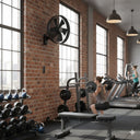 Martec Como AC 16 inch wall fan with remote control in a Modern gym interior with brick walls, large windows, and people exercising Lights and Fans Online .
