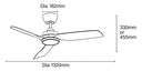 Martec Daytona Ceiling fan with dimensions labeled lightsandfansonline