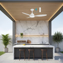 Martec Elite ceiling fan with LED Light in a Modern outdoor kitchen with marble wall, ceiling fan, and potted plants.Lights and fans online 