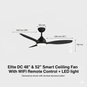 Martec Elite DC Smart Ceiling fan with wifi remote control and LED Light Black ceiling fan with dimensions labeled on a gray background