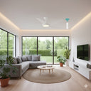Martec Espirit Ceiling fan with Wi fi Remote Control and LED Light in a Modern living room with a gray sectional sofa, round coffee table, and large windows.lightsandfansonline