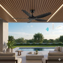 Martec Espirit Ceiling fan with Wi fi Remote Control in an outdoor patio area with a pool and garden view. Lights and Fans Online
