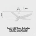 Martec Espirit Ceiling fan with Wi fi Remote Control and LED Light White ceiling fan with dimensions and product details on a white background