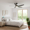 Martec Espirit Ceiling fan with Wi fi Remote Control and LED Light in a Modern bedroom with a ceiling fan, bed, and large window. Lights and Fans Online