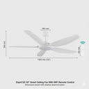 Martec Espirit Ceiling fan with Wi fi Remote Control and LED Light White ceiling fan with dimensions and WiFi remote control feature on a light gray background