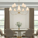 Designer multi-arm pendant light with premium fabric shades, adjustable rod suspension, and timeless lighting for luxury residential interiors.