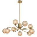 Felton 9 light pendant with antique gold frame and clear prism glass shades, creating luxury chandelier lighting for a modern dining room.