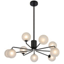 Architectural 9-light pendant featuring interchangeable frosted glass shades and designer ceiling lighting for luxury interiors.