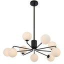 Modern Felton chandelier with opal matt glass globes and black finish, creating soft ambient lighting for living spaces.
