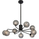 Designer ceiling light featuring nine decorative glass shades, adjustable rods, and luxury lighting for hotel lobbies.