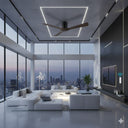 Fresno Martec Ceiling Fan Modern living room with a cityscape view and sleek interior design.Lights and Fans online 