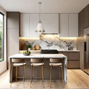 Nickel designer pendant light illuminating a breakfast bar with elegant textured glass and warm decorative lighting.