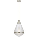 Nickel designer pendant light illuminating a breakfast bar with elegant textured glass and warm decorative lighting.