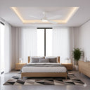 Martec Hampton DC 52″ Smart Ceiling Fan With WIFI Remote Control + LED light in a Modern bedroom with wooden bed, nightstands, and a ceiling fan. lights and fans online 