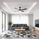Martec Hampton DC 52″ Smart Ceiling Fan With WIFI Remote Control + LED light in a Modern living room with gray sofa, coffee table, and ceiling fan.lightsandfansonline
