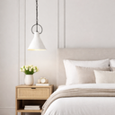 Ivy Designer Pendant – Vintage Porcelain White in a  Neatly arranged bedroom with a bed, nightstand, and pendant light. Lights and Fans Online 