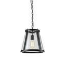 Lauren Designer Pendant light medium  with clear glass shade and black metal frame on a white background