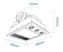 Linear Mini 3-in-1 Bathroom Heater with 3 Heat Lamps, Exhaust Fan and LED Light. Martec . Lights and Fans Online  with dimensions labeled