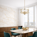 Premium Norel 6 light pendant featuring a drum-shaped frame, textured clear glass panels, and elegant designer lighting for luxury contemporary interiors.