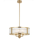 Norel 6 light pendant with textured clear glass and antique gold finish, creating elegant modern chandelier lighting for a dining room.