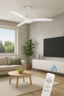 Martec Newport DC 56″ Smart Ceiling Fan With WIFI Remote Control from lightsandfansonline in a Living room with a ceiling fan, TV, and remote control